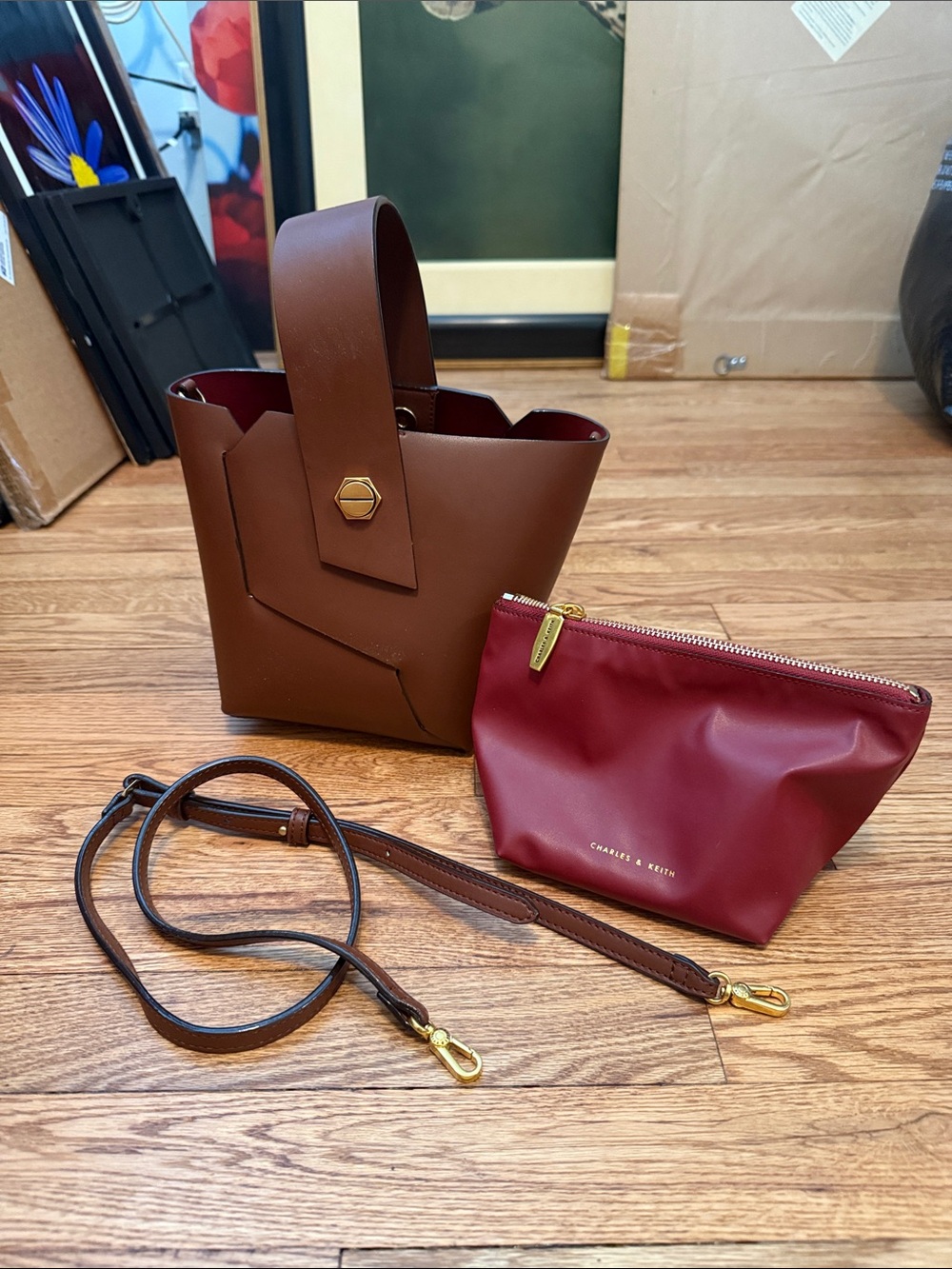 Charles & Keith Brown Mini Tote with Red Removable Pouch